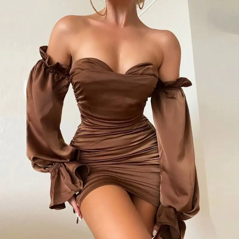 Vestido de Manga Farol con Hombros Descubiertos y Color Sólido