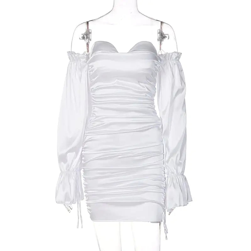 Vestido de Manga Farol con Hombros Descubiertos y Color Sólido