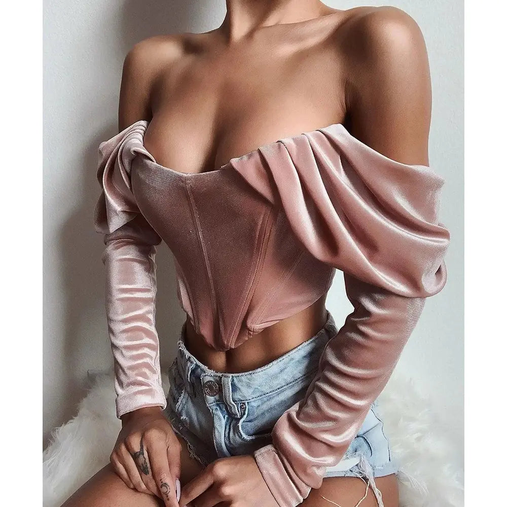 Chic Velvet Off-Shoulder Pleat-Top