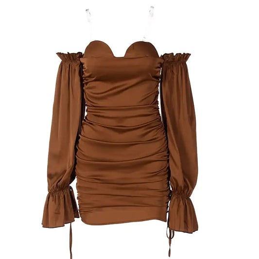 Vestido de Manga Farol con Hombros Descubiertos y Color Sólido